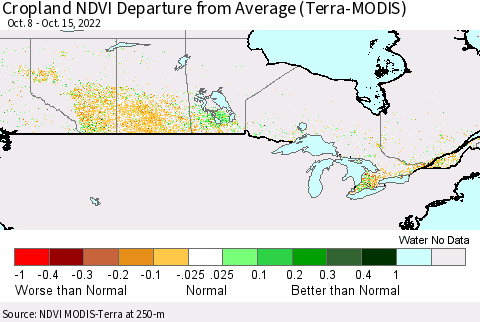 Canada Cropland NDVI Departure from Average (Terra-MODIS) Thematic Map For 10/8/2022 - 10/15/2022