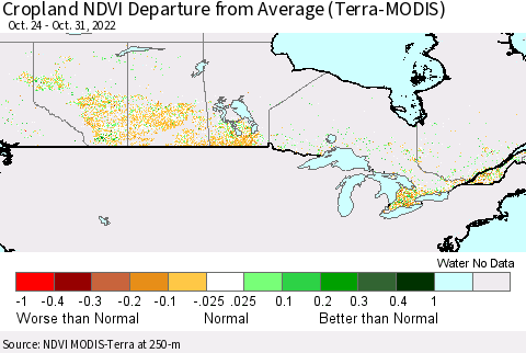 Canada Cropland NDVI Departure from Average (Terra-MODIS) Thematic Map For 10/24/2022 - 10/31/2022