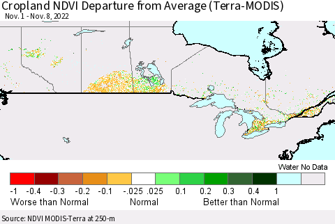Canada Cropland NDVI Departure from Average (Terra-MODIS) Thematic Map For 11/1/2022 - 11/8/2022