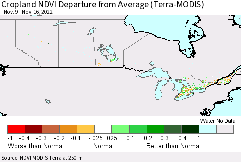 Canada Cropland NDVI Departure from Average (Terra-MODIS) Thematic Map For 11/9/2022 - 11/16/2022