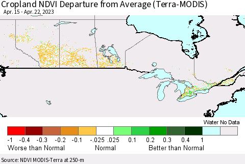 Canada Cropland NDVI Departure from Average (Terra-MODIS) Thematic Map For 4/15/2023 - 4/22/2023