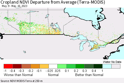 Canada Cropland NDVI Departure from Average (Terra-MODIS) Thematic Map For 5/9/2023 - 5/16/2023