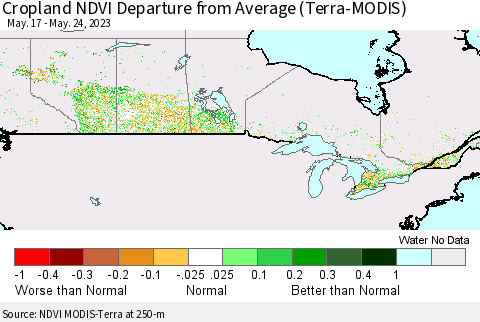 Canada Cropland NDVI Departure from Average (Terra-MODIS) Thematic Map For 5/17/2023 - 5/24/2023