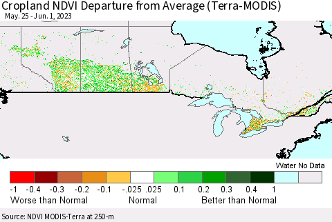 Canada Cropland NDVI Departure from Average (Terra-MODIS) Thematic Map For 5/25/2023 - 6/1/2023