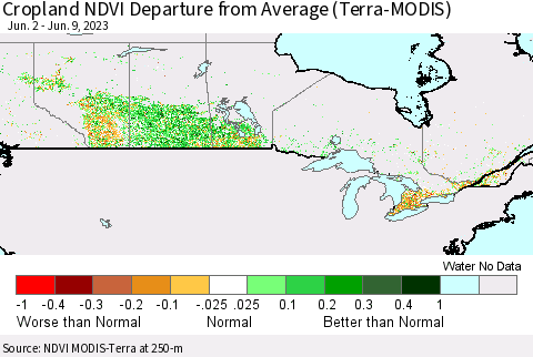 Canada Cropland NDVI Departure from Average (Terra-MODIS) Thematic Map For 6/2/2023 - 6/9/2023