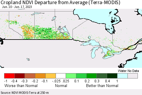 Canada Cropland NDVI Departure from Average (Terra-MODIS) Thematic Map For 6/10/2023 - 6/17/2023