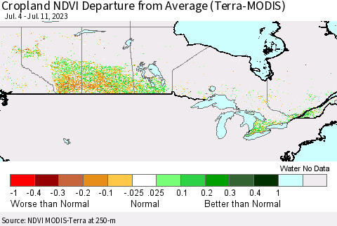 Canada Cropland NDVI Departure from Average (Terra-MODIS) Thematic Map For 7/4/2023 - 7/11/2023