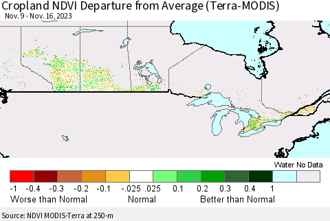 Canada Cropland NDVI Departure from Average (Terra-MODIS) Thematic Map For 11/9/2023 - 11/16/2023