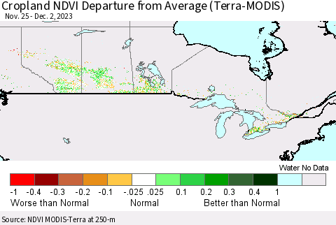 Canada Cropland NDVI Departure from Average (Terra-MODIS) Thematic Map For 11/25/2023 - 12/2/2023
