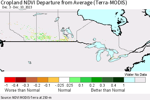 Canada Cropland NDVI Departure from Average (Terra-MODIS) Thematic Map For 12/3/2023 - 12/10/2023