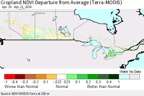 Canada Cropland NDVI Departure from Average (Terra-MODIS) Thematic Map For 4/14/2024 - 4/21/2024