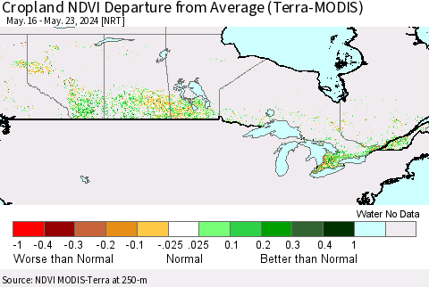 Canada Cropland NDVI Departure from Average (Terra-MODIS) Thematic Map For 5/16/2024 - 5/23/2024