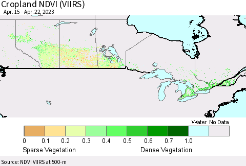 Canada Cropland NDVI (VIIRS) Thematic Map For 4/15/2023 - 4/22/2023