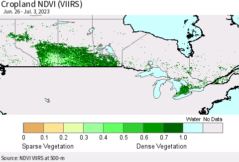Canada Cropland NDVI (VIIRS) Thematic Map For 6/26/2023 - 7/3/2023