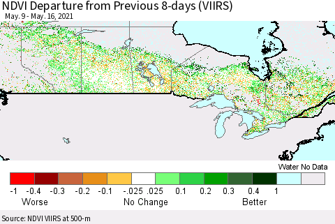 Canada NDVI Departure from Previous 8-days (VIIRS) Thematic Map For 5/9/2021 - 5/16/2021
