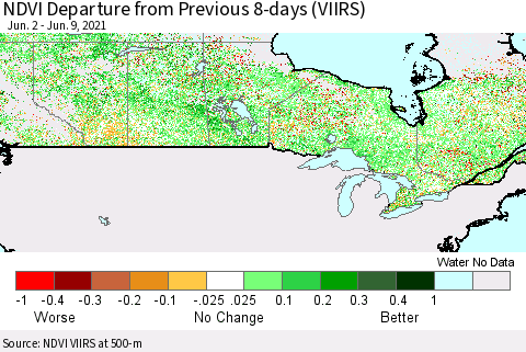Canada NDVI Departure from Previous 8-days (VIIRS) Thematic Map For 6/2/2021 - 6/9/2021