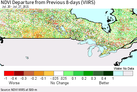 Canada NDVI Departure from Previous 8-days (VIIRS) Thematic Map For 7/20/2021 - 7/27/2021
