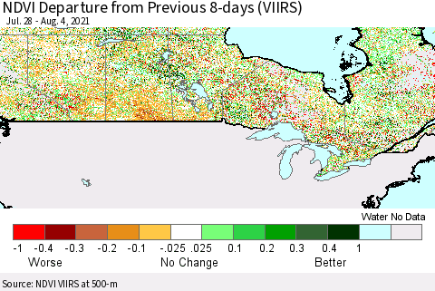 Canada NDVI Departure from Previous 8-days (VIIRS) Thematic Map For 7/28/2021 - 8/4/2021