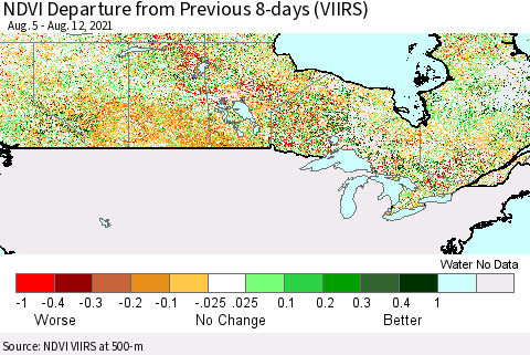 Canada NDVI Departure from Previous 8-days (VIIRS) Thematic Map For 8/5/2021 - 8/12/2021