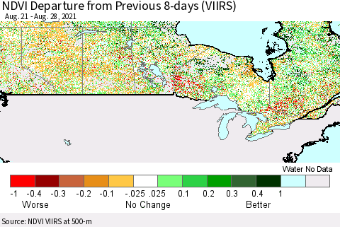 Canada NDVI Departure from Previous 8-days (VIIRS) Thematic Map For 8/21/2021 - 8/28/2021