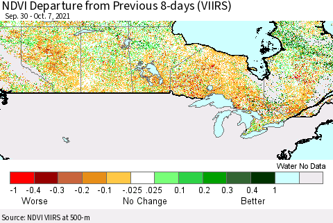 Canada NDVI Departure from Previous 8-days (VIIRS) Thematic Map For 9/30/2021 - 10/7/2021
