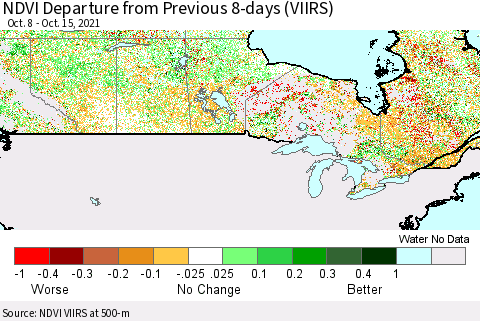 Canada NDVI Departure from Previous 8-days (VIIRS) Thematic Map For 10/8/2021 - 10/15/2021