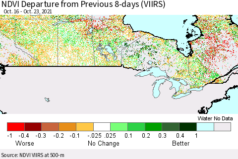 Canada NDVI Departure from Previous 8-days (VIIRS) Thematic Map For 10/16/2021 - 10/23/2021