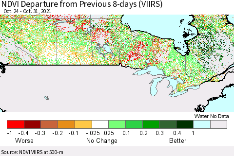Canada NDVI Departure from Previous 8-days (VIIRS) Thematic Map For 10/24/2021 - 10/31/2021