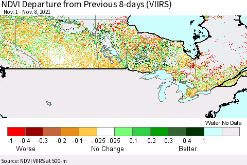 Canada NDVI Departure from Previous 8-days (VIIRS) Thematic Map For 11/1/2021 - 11/8/2021