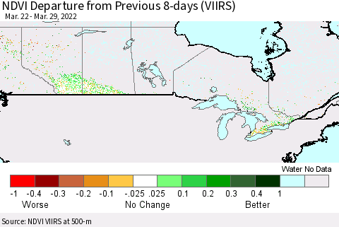 Canada NDVI Departure from Previous 8-days (VIIRS) Thematic Map For 3/22/2022 - 3/29/2022