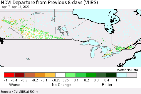 Canada NDVI Departure from Previous 8-days (VIIRS) Thematic Map For 4/7/2022 - 4/14/2022