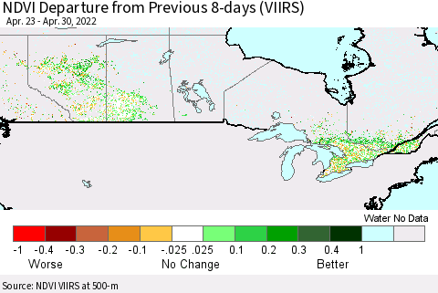 Canada NDVI Departure from Previous 8-days (VIIRS) Thematic Map For 4/23/2022 - 4/30/2022