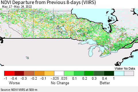 Canada NDVI Departure from Previous 8-days (VIIRS) Thematic Map For 5/17/2022 - 5/24/2022