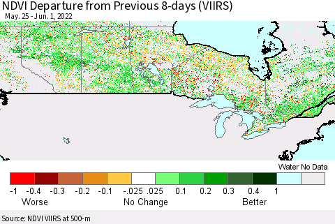 Canada NDVI Departure from Previous 8-days (VIIRS) Thematic Map For 5/25/2022 - 6/1/2022