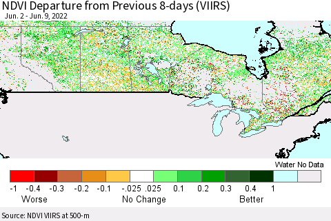 Canada NDVI Departure from Previous 8-days (VIIRS) Thematic Map For 6/2/2022 - 6/9/2022