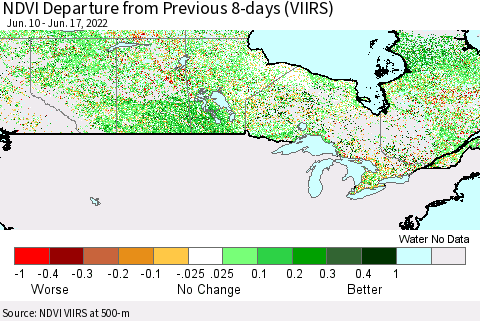 Canada NDVI Departure from Previous 8-days (VIIRS) Thematic Map For 6/10/2022 - 6/17/2022