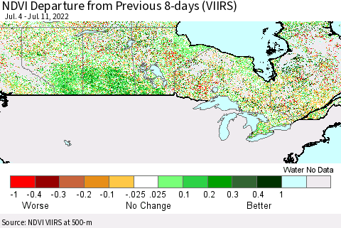 Canada NDVI Departure from Previous 8-days (VIIRS) Thematic Map For 7/4/2022 - 7/11/2022