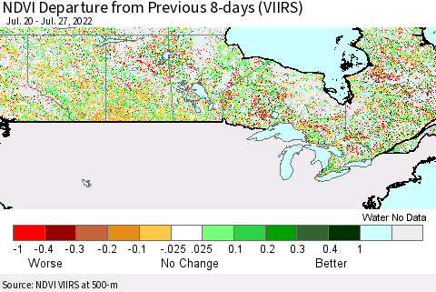 Canada NDVI Departure from Previous 8-days (VIIRS) Thematic Map For 7/20/2022 - 7/27/2022
