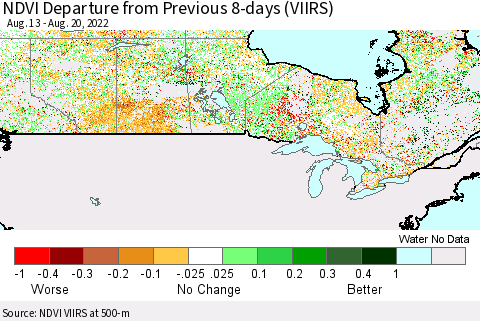 Canada NDVI Departure from Previous 8-days (VIIRS) Thematic Map For 8/13/2022 - 8/20/2022