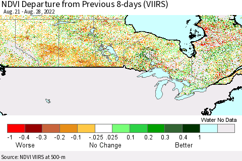 Canada NDVI Departure from Previous 8-days (VIIRS) Thematic Map For 8/21/2022 - 8/28/2022