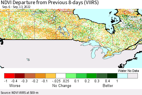 Canada NDVI Departure from Previous 8-days (VIIRS) Thematic Map For 9/6/2022 - 9/13/2022
