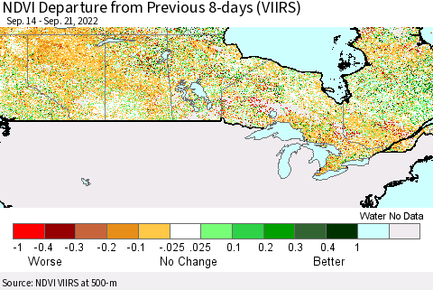 Canada NDVI Departure from Previous 8-days (VIIRS) Thematic Map For 9/14/2022 - 9/21/2022