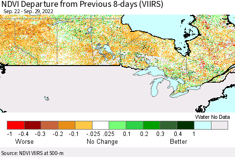 Canada NDVI Departure from Previous 8-days (VIIRS) Thematic Map For 9/22/2022 - 9/29/2022