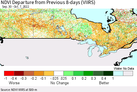 Canada NDVI Departure from Previous 8-days (VIIRS) Thematic Map For 9/30/2022 - 10/7/2022