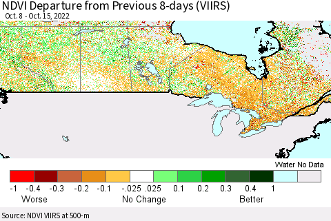 Canada NDVI Departure from Previous 8-days (VIIRS) Thematic Map For 10/8/2022 - 10/15/2022