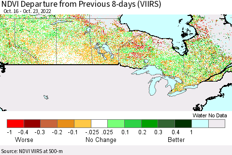 Canada NDVI Departure from Previous 8-days (VIIRS) Thematic Map For 10/16/2022 - 10/23/2022