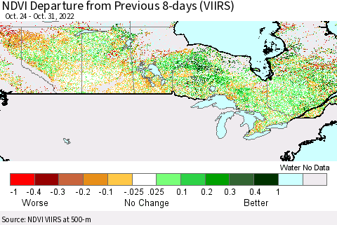 Canada NDVI Departure from Previous 8-days (VIIRS) Thematic Map For 10/24/2022 - 10/31/2022
