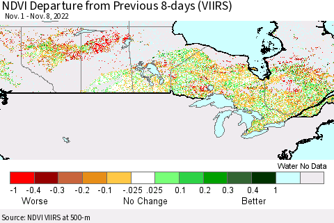 Canada NDVI Departure from Previous 8-days (VIIRS) Thematic Map For 11/1/2022 - 11/8/2022