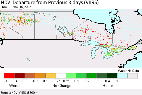 Canada NDVI Departure from Previous 8-days (VIIRS) Thematic Map For 11/9/2022 - 11/16/2022