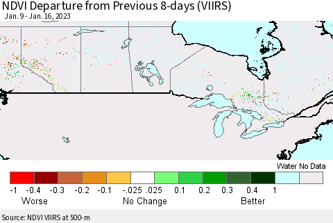 Canada NDVI Departure from Previous 8-days (VIIRS) Thematic Map For 1/9/2023 - 1/16/2023